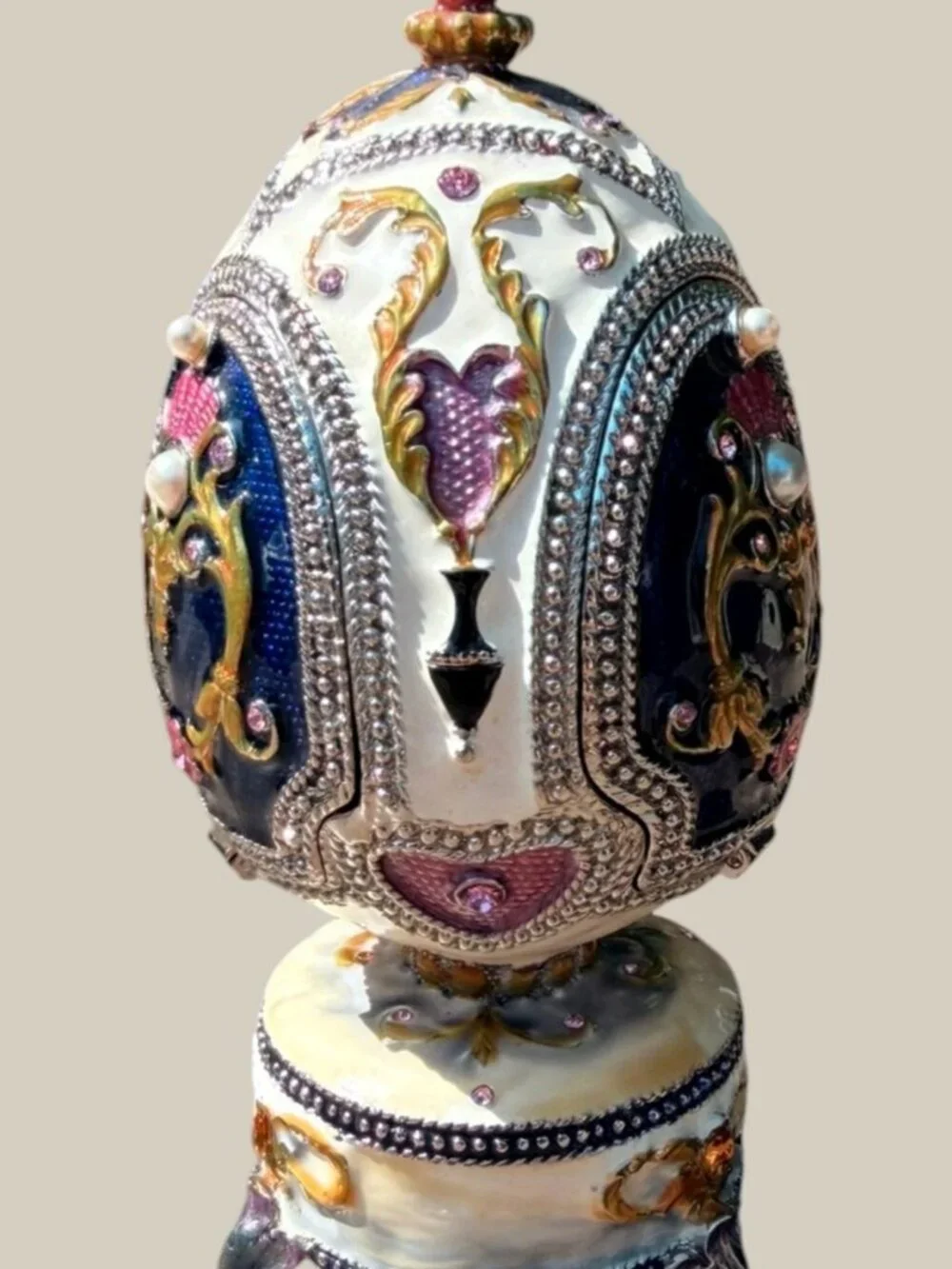 Jere Jeweled Enameled Exquisite Egg Music Box Trinket Box Rhinestone AS IS